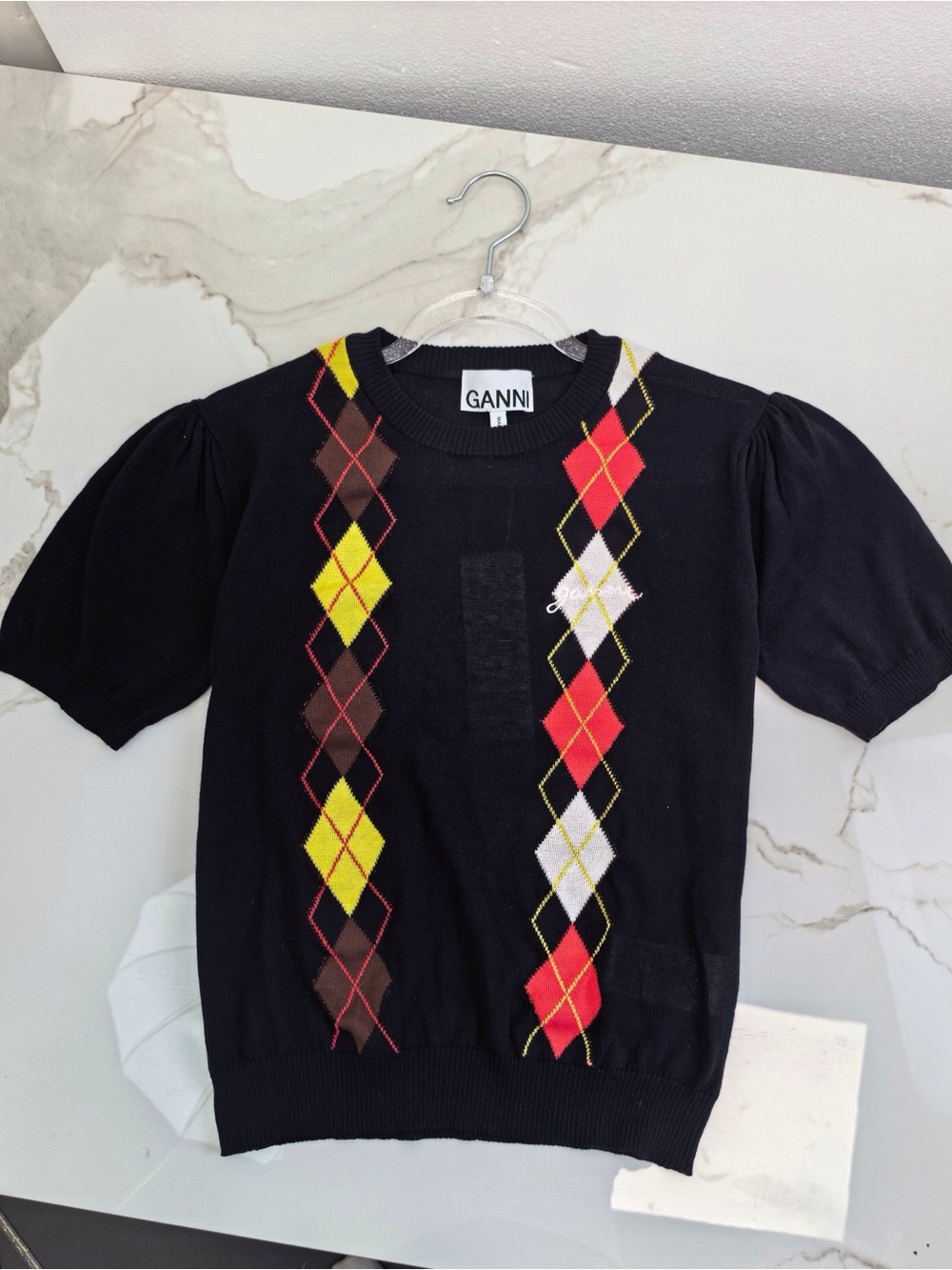 Ganni Black Argyle Short Sleeve Knit Sweater with Yellow Red Brown Accents